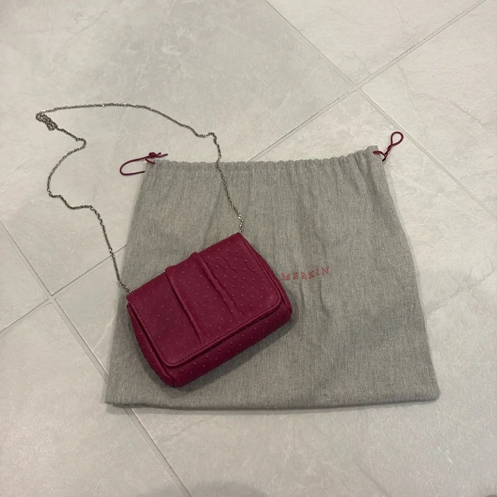Lauren Merkin Pink Ostrich Leather Clutch With Silver Chain Strap
